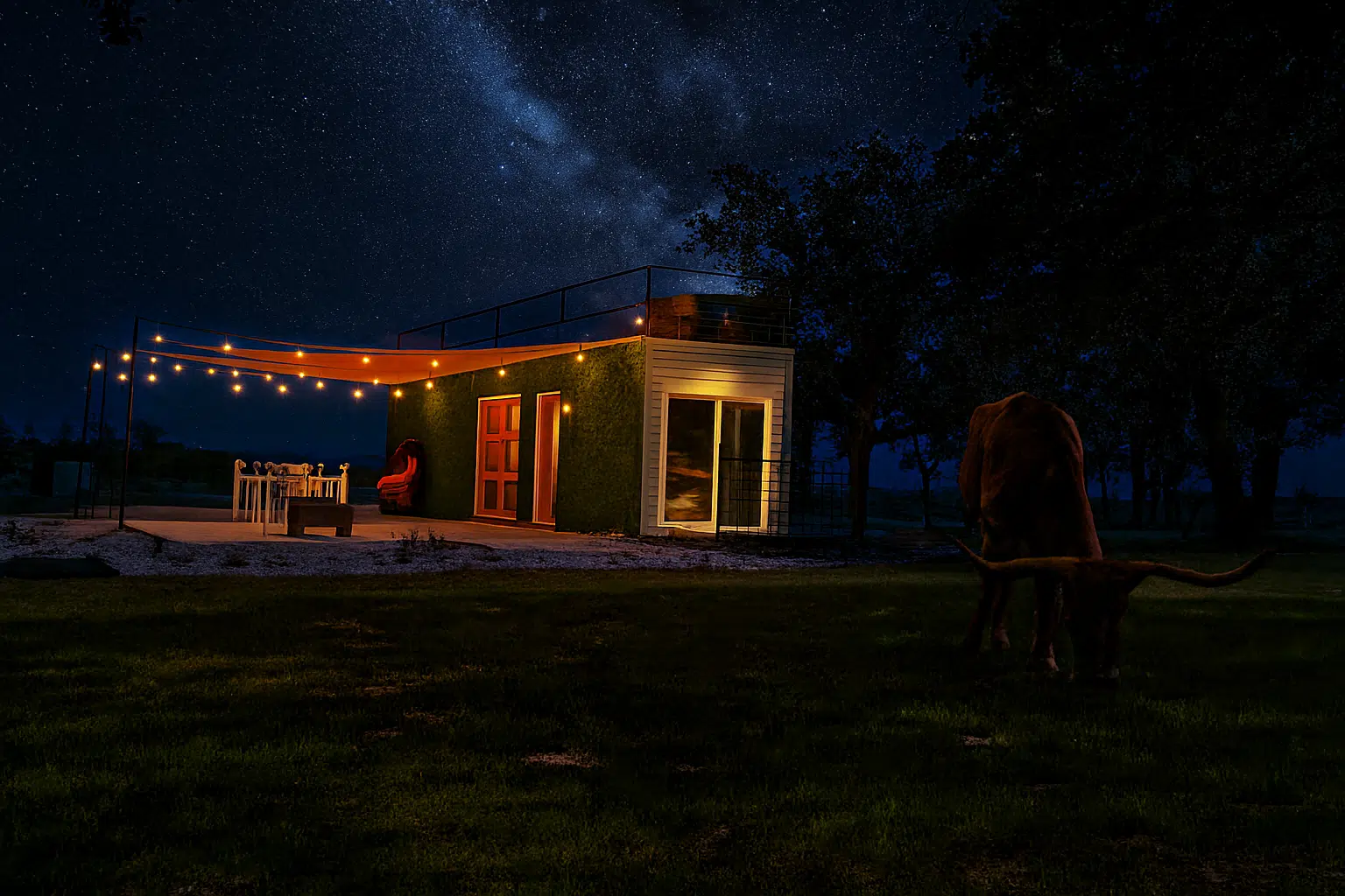A small building with lights on the patio and in the windows, surrounded by grass and trees, under a starry night sky.