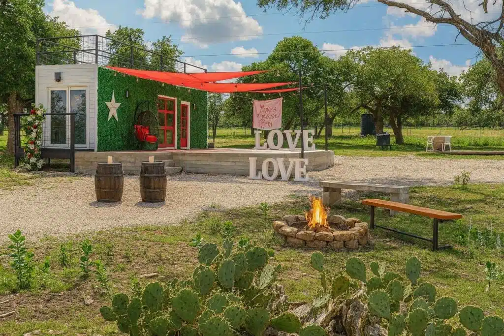 a small white and green building with a red door and a fire pit in front