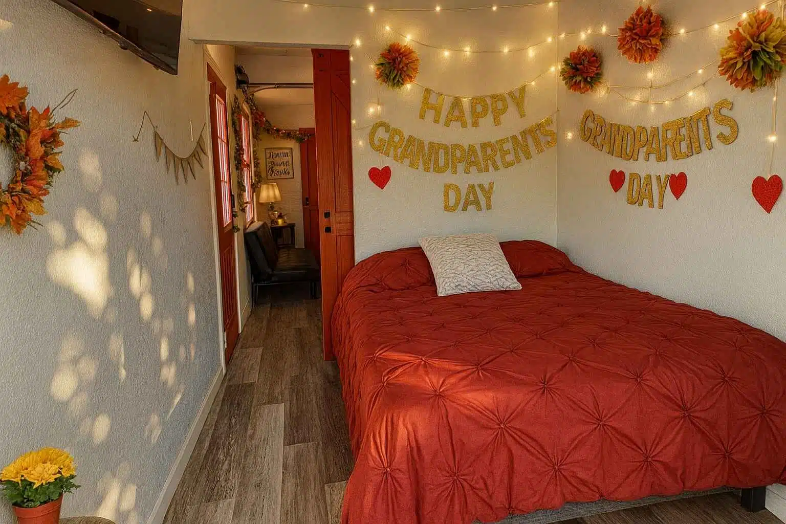 A small room with a red bed, white pillow, and decorative flowers and lights.